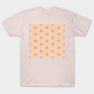 Kaleidoscope stars and flowers in yellow and pink tones T-Shirt